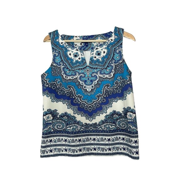 RSVP by Talbots Top womens 6p sleeveless vneck blue white Side Zip Paisly Print - Picture 1 of 9